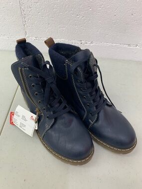 Rieker Navy Leather Ankle Boots with Brass Zipper Pull